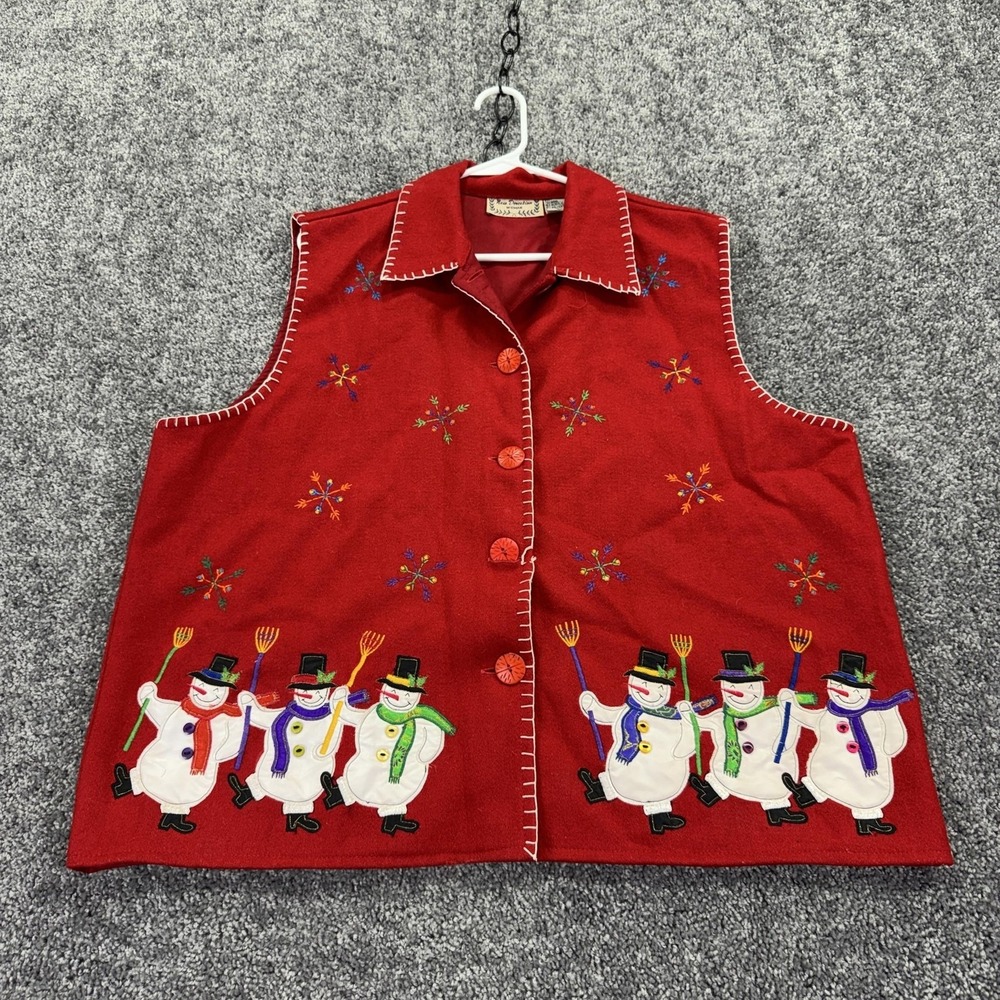 New Direction Vest Womens 2X Red Snowman Christmas Embroidered Wool Button